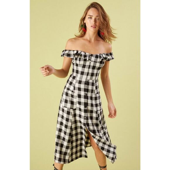 Reformation Hattie Off Shoulder Linen Midi Dress‎ US 0 Gingham Europe Vacation - Picture 2 of 9